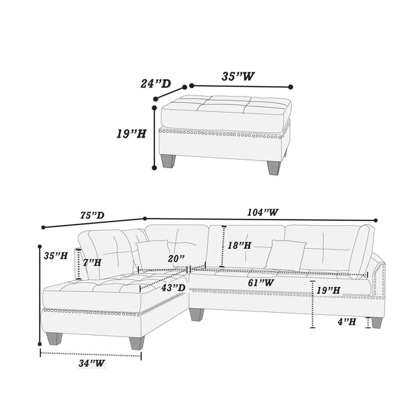 Scope F6975 3pc Reversible Sectional Sofa Set W/ Ottoman