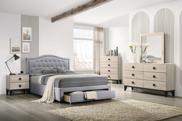QUEEN BED W/DRAWER-LIGHT GREY BURLAP