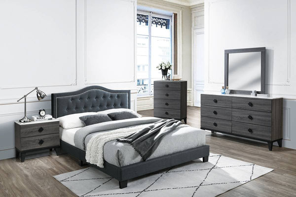 QUEEN BED/CHARCOAL BURPLAP