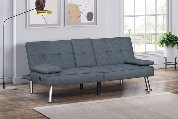 Convertible Futon Sofa Bed with USB & Drop-Dwon Cupholders
