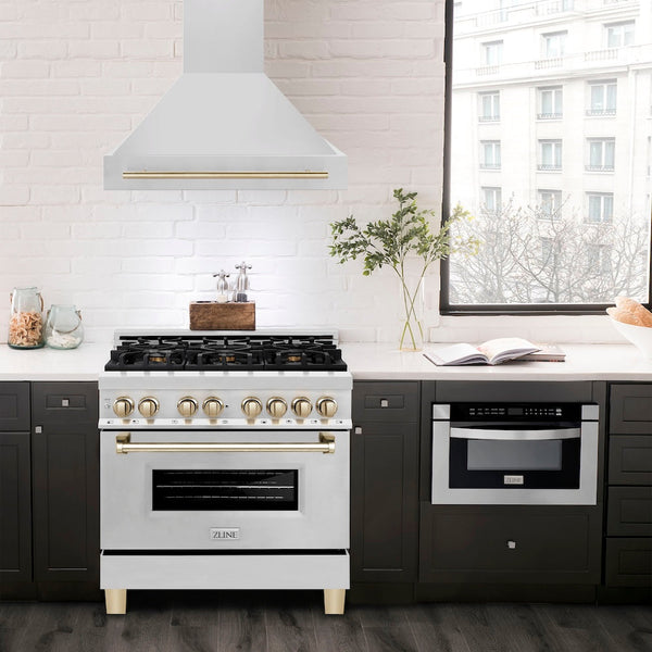 ZLINE 36" Autograph Edition Stainless Steel Range Hood with Stainless Steel Shell and Gold Handle