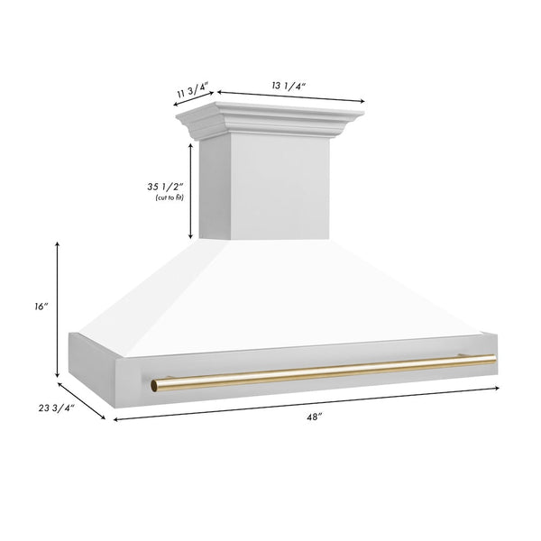 48" ZLINE Autograph Edition Stainless Steel Range Hood with White Matte Shell and Gold Handle