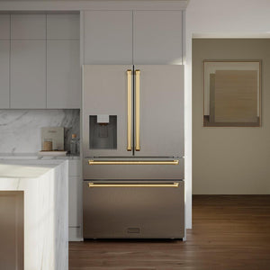 ZLINE 36" Autograph Edition 21.6 cu. ft 4-Door French Door Refrigerator with Water and Ice Dispenser in Fingerprint Resistant Stainless Steel with Gold Accents (RFMZ-W-36-G)