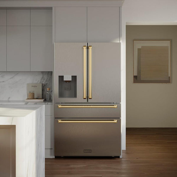 ZLINE 36" Autograph Edition 21.6 cu. ft 4-Door French Door Refrigerator with Water and Ice Dispenser in Fingerprint Resistant Stainless Steel with Gold Accents (RFMZ-W-36-G)