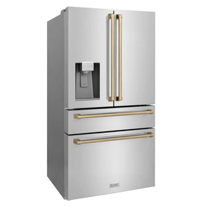 ZLINE 36" Autograph Edition 21.6 cu. ft 4-Door French Door Refrigerator with Water and Ice Dispenser in Fingerprint Resistant Stainless Steel with Champagne Bronze Accents (RFMZ-W-36-CB)
