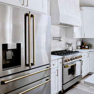 ZLINE 36" Autograph Edition 21.6 cu. ft 4-Door French Door Refrigerator with Water and Ice Dispenser in Fingerprint Resistant Stainless Steel with Champagne Bronze Accents (RFMZ-W-36-CB)
