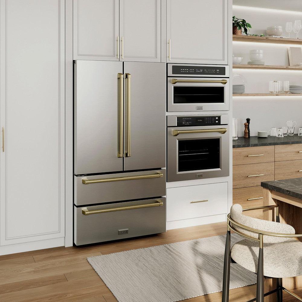 ZLINE 36" Autograph Edition 22.5 cu. ft 4-Door French Door Refrigerator with Ice Maker in Fingerprint Resistant Stainless Steel with Champagne Bronze Accents (RFMZ-36-CB)