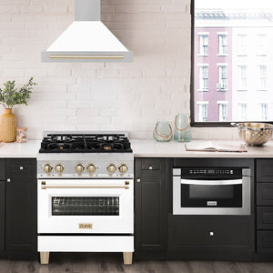 ZLINE 30" Autograph Edition Fingerprint Resistant Stainless Steel Range Hood with White Matte Shell and Gold Handle