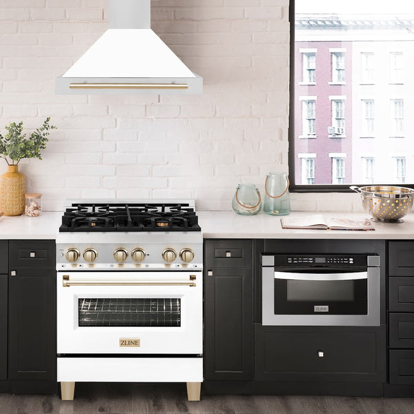 ZLINE 30" Autograph Edition Stainless Steel Range Hood with White Matte Shell and Gold Accents