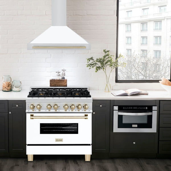 ZLINE 36" Autograph Edition Stainless Steel Range Hood with White Matte Shell and Gold Accents