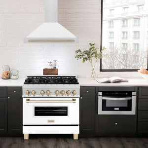 ZLINE 36" Autograph Edition Fingerprint Resistant Stainless Steel Range Hood with White Matte Shell and Gold Handle