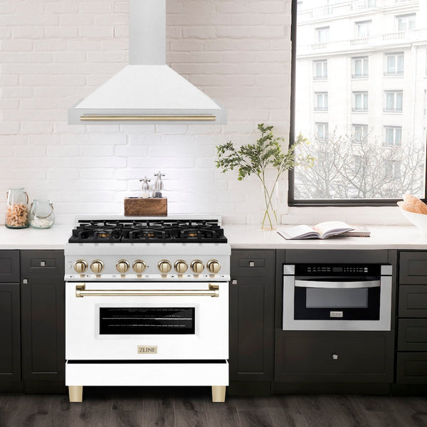 ZLINE 36" Autograph Edition Fingerprint Resistant Stainless Steel Range Hood with White Matte Shell and Gold Handle