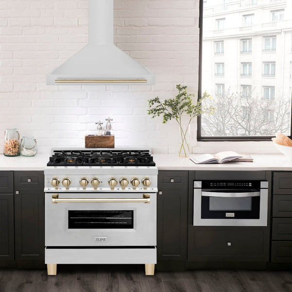 ZLINE 36" Autograph Edition Stainless Steel Range Hood with Stainless Steel Shell and Gold Accents