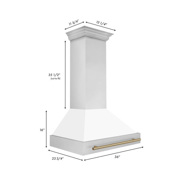 36" ZLINE Autograph Edition Stainless Steel Range Hood with White Matte Shell and Champagne Bronze Handle