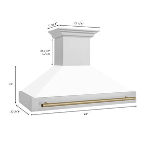 48" ZLINE Autograph Edition Stainless Steel Range Hood with White Matte Shell and Champagne Bronze Handle