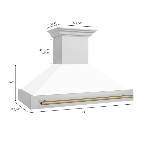 48" ZLINE Autograph Edition Stainless Steel Range Hood with White Matte Shell and Champagne Bronze Handle