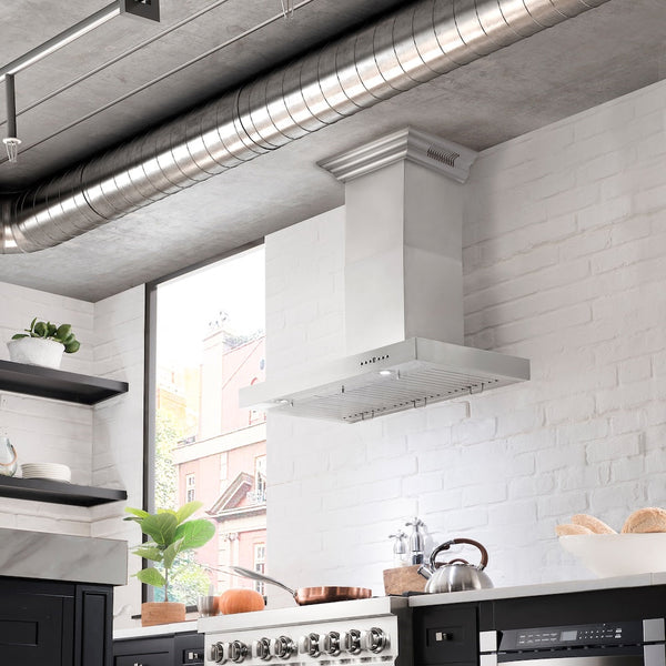 48" ZLINE CrownSound™Ducted Vent Wall Mount Range Hood in Stainless Steel with Built-in Bluetooth Speakers (KECRN-BT-48)