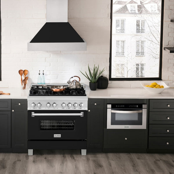 ZLINE 36" 4.6 cu. ft. Dual Fuel Range with Gas Stove and Electric Oven in Fingerprint Resistant Stainless Steel and Black Matte Door (RAS-BLM-36)