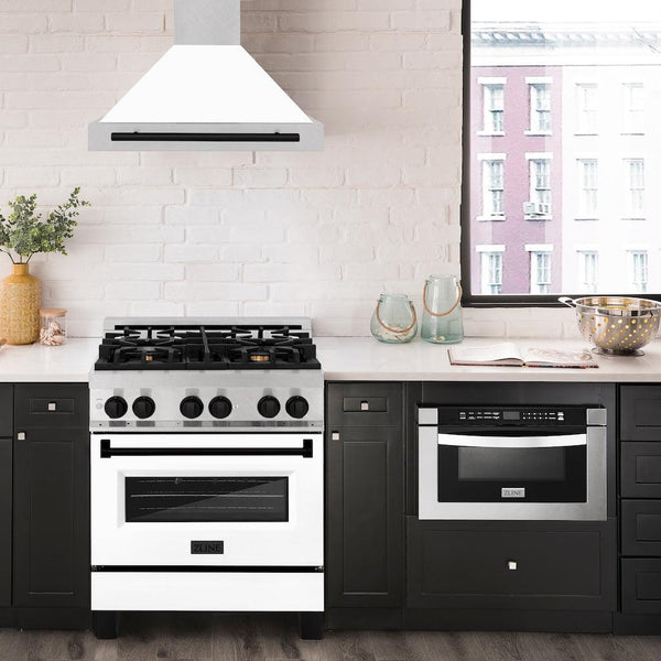 ZLINE 30" Autograph Edition Fingerprint Resistant Stainless Steel Range Hood with White Matte Shell and Matte Black Handle