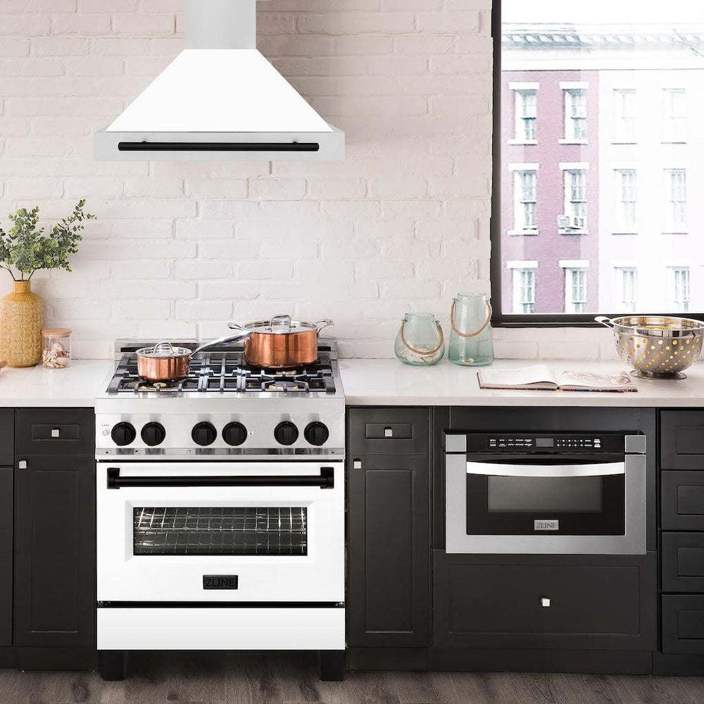 ZLINE 30" Autograph Edition Stainless Steel Range Hood with White Matte Shell and Matte Black Accents