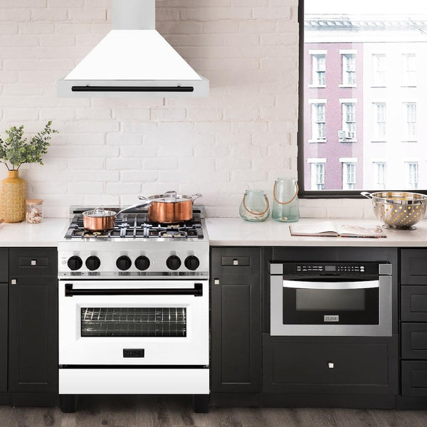 ZLINE 30" Autograph Edition Stainless Steel Range Hood with White Matte Shell and Matte Black Accents