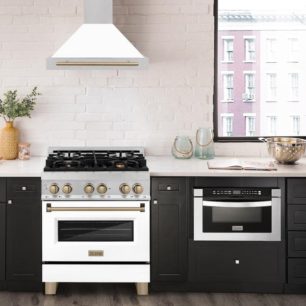 ZLINE 30" Autograph Edition Fingerprint Resistant Stainless Steel Range Hood with White Matte Shell and Champagne Bronze Handle