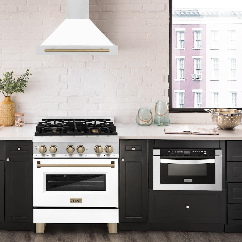 ZLINE 36" Autograph Edition Stainless Steel Range Hood with White Matte Shell and Champagne Bronze Accents