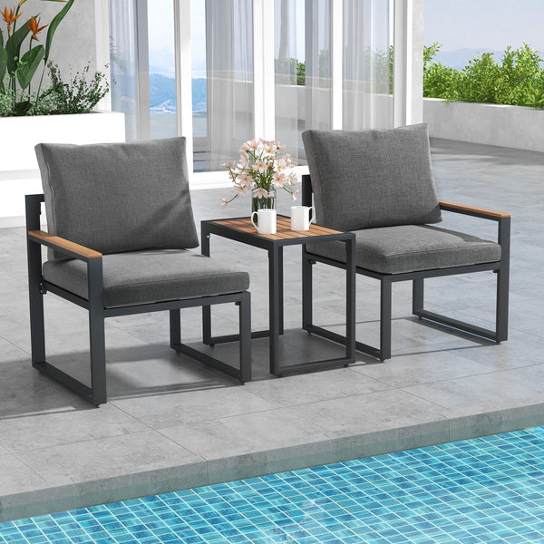 Sturdy frame made of aluminum for high-strength support<br>Adjustable footpads highly improve the stability<br>WPC tabletop and armrests for long-lasting service life<br>Equipped with thickened cushions covered with Olefin fabric<br>Smooth zippers make th