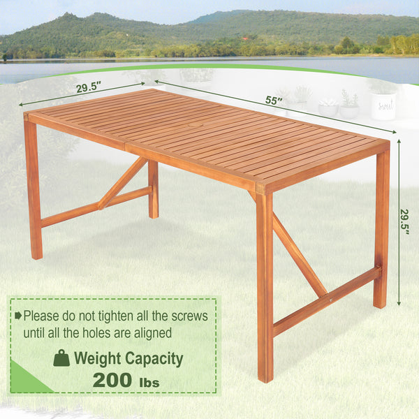 Solid acacia wood for 200 lbs strong bearing capacity<br>Sturdy metal connectors and support bars for reinforced construction<br>Accommodate 4-6 people at the same time thanks to its 55" x 29.5" tabletop<br>Slatted tabletop for easy maintenance<br>Allow y