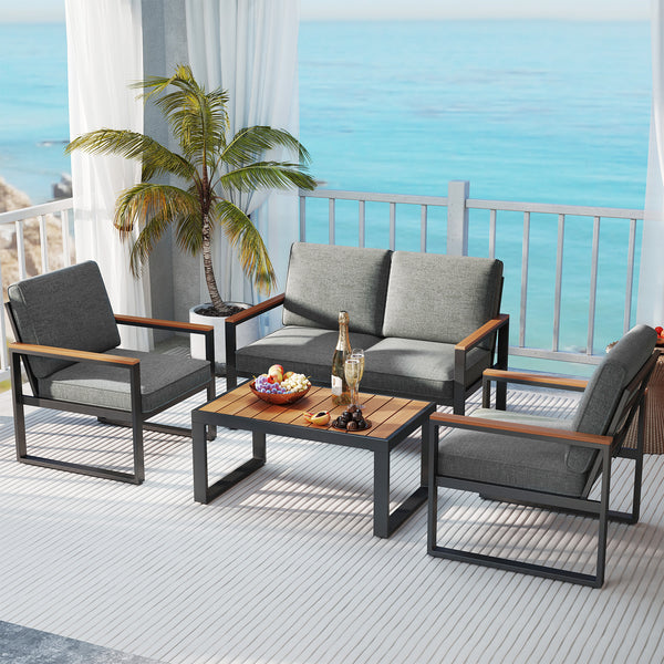Supported by aluminum frame which is anti-rust  lightweight and sturdy<br>Each armchair can withstand 400 lbs<br>Adjustable footpads for higher stability<br>Comfortable to sit with inclined backrest and thickened cushions<br>Olefin cushion covers are cozi