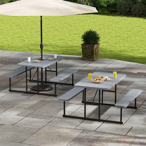 The dining table with 2 benches could accommodate 2-4 people for comfy seating<br>Crafted from HDPE tabletop and bench seats  withstand outdoor elements<br>Adopts waterproof surfaces for easy cleaning  easy to maintain with a damp cloth<br>The high-streng