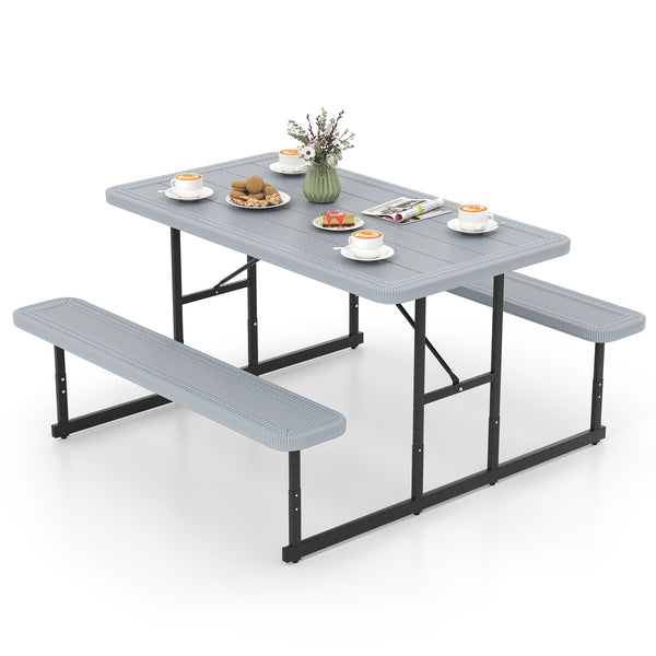 The dining table with 2 benches could accommodate 2-4 people for comfy seating<br>Crafted from HDPE tabletop and bench seats  withstand outdoor elements<br>Adopts waterproof surfaces for easy cleaning  easy to maintain with a damp cloth<br>The high-streng