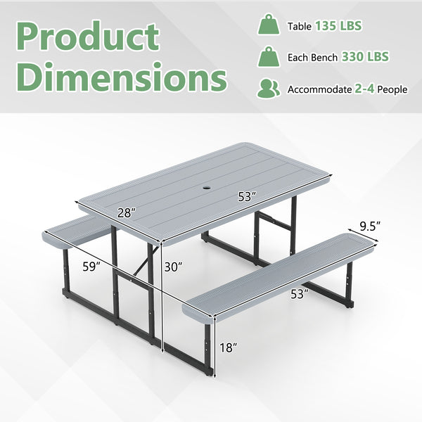 The dining table with 2 benches could accommodate 2-4 people for comfy seating<br>Crafted from HDPE tabletop and bench seats  withstand outdoor elements<br>Adopts waterproof surfaces for easy cleaning  easy to maintain with a damp cloth<br>The high-streng