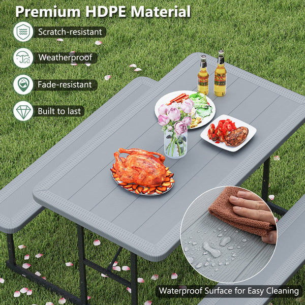 The dining table with 2 benches could accommodate 2-4 people for comfy seating<br>Crafted from HDPE tabletop and bench seats  withstand outdoor elements<br>Adopts waterproof surfaces for easy cleaning  easy to maintain with a damp cloth<br>The high-streng
