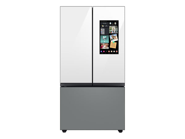 Bespoke 3-Door French Door Refrigerator (24 cu. ft.) – with Top Left and Family Hub™ Panel in White Glass - and Matte Grey Glass Bottom Door Panel