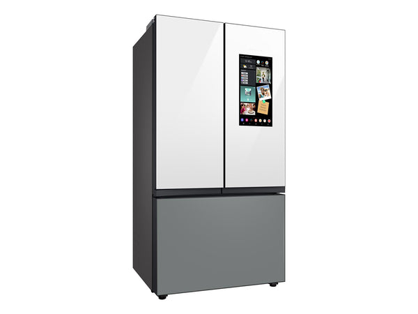 Bespoke 3-Door French Door Refrigerator (24 cu. ft.) – with Top Left and Family Hub™ Panel in White Glass - and Matte Grey Glass Bottom Door Panel