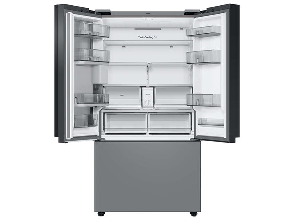 Bespoke 3-Door French Door Refrigerator (24 cu. ft.) – with Top Left and Family Hub™ Panel in White Glass - and Matte Grey Glass Bottom Door Panel