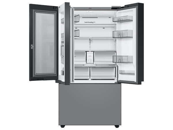 Bespoke 3-Door French Door Refrigerator (24 cu. ft.) – with Top Left and Family Hub™ Panel in White Glass - and Matte Grey Glass Bottom Door Panel