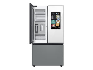 Bespoke 3-Door French Door Refrigerator (24 cu. ft.) – with Top Left and Family Hub™ Panel in White Glass - and Matte Grey Glass Bottom Door Panel