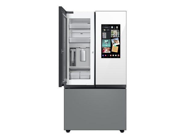 Bespoke 3-Door French Door Refrigerator (24 cu. ft.) – with Top Left and Family Hub™ Panel in White Glass - and Matte Grey Glass Bottom Door Panel