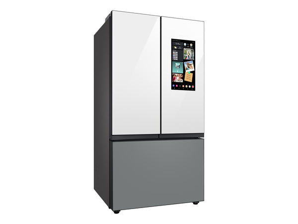 Bespoke 3-Door French Door Refrigerator (30 cu. ft.) – with Top Left and Family Hub Panel in White Glass - and Matte Grey Glass Bottom Door Panel