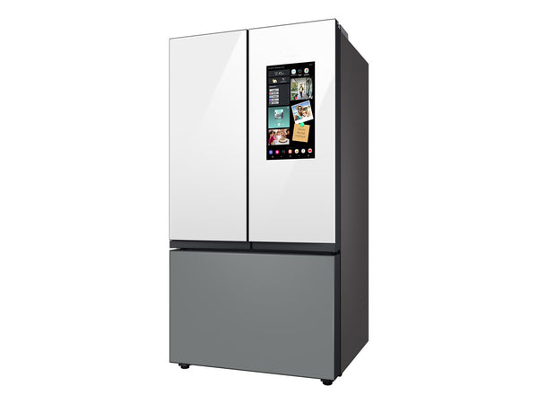 Bespoke 3-Door French Door Refrigerator (30 cu. ft.) – with Top Left and Family Hub Panel in White Glass - and Matte Grey Glass Bottom Door Panel