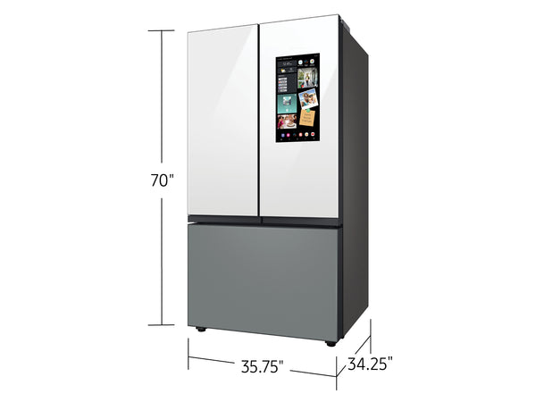Bespoke 3-Door French Door Refrigerator (30 cu. ft.) – with Top Left and Family Hub Panel in White Glass - and Matte Grey Glass Bottom Door Panel