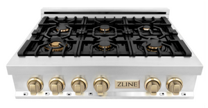 ZLINE Autograph Edition 36" Porcelain Rangetop with 6 Gas Burners in Stainless Steel and Gold Accents (RTZ-36-G)