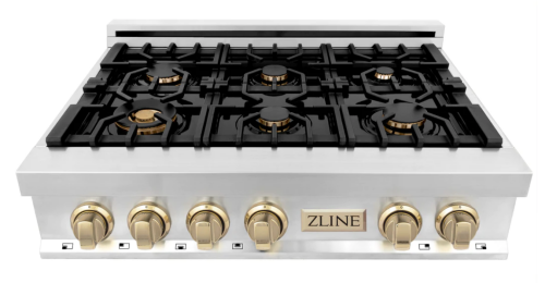 ZLINE Autograph Edition 36" Porcelain Rangetop with 6 Gas Burners in Stainless Steel and Gold Accents (RTZ-36-G)