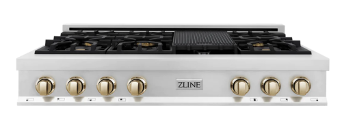 ZLINE Autograph Edition 48" Porcelain Rangetop with 7 Gas Burners in Stainless Steel and Gold Accents (RTZ-48-G)