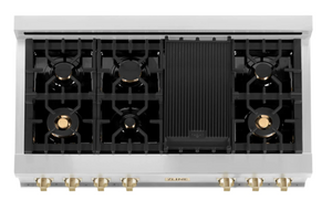 ZLINE Autograph Edition 48" Porcelain Rangetop with 7 Gas Burners in Stainless Steel and Gold Accents (RTZ-48-G)