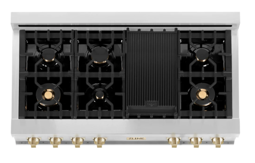 ZLINE Autograph Edition 48" Porcelain Rangetop with 7 Gas Burners in Stainless Steel and Gold Accents (RTZ-48-G)