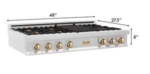 ZLINE Autograph Edition 48" Porcelain Rangetop with 7 Gas Burners in Stainless Steel and Gold Accents (RTZ-48-G)