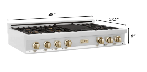 ZLINE Autograph Edition 48" Porcelain Rangetop with 7 Gas Burners in Stainless Steel and Gold Accents (RTZ-48-G)